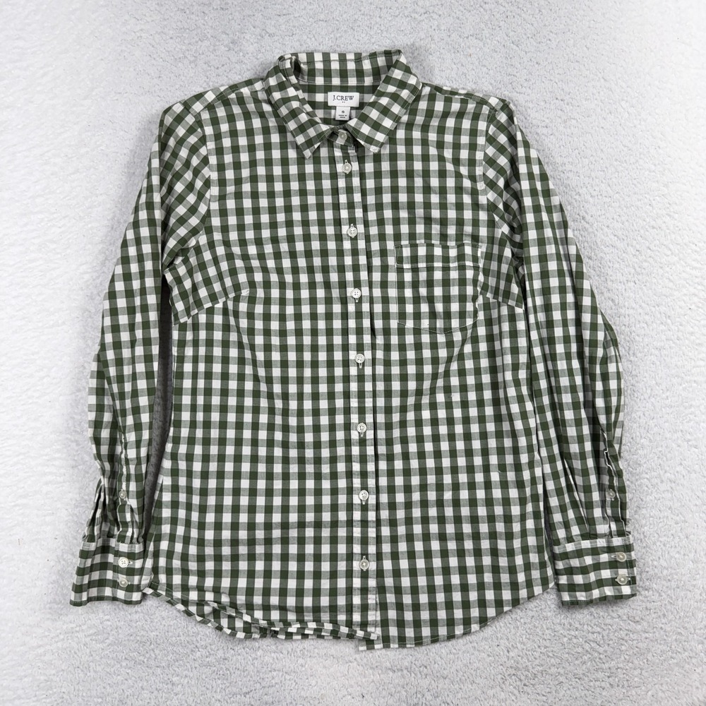 J Crew Shirt Womens Small Green Plaid Button Front Cotton Long Sleeve Stretch